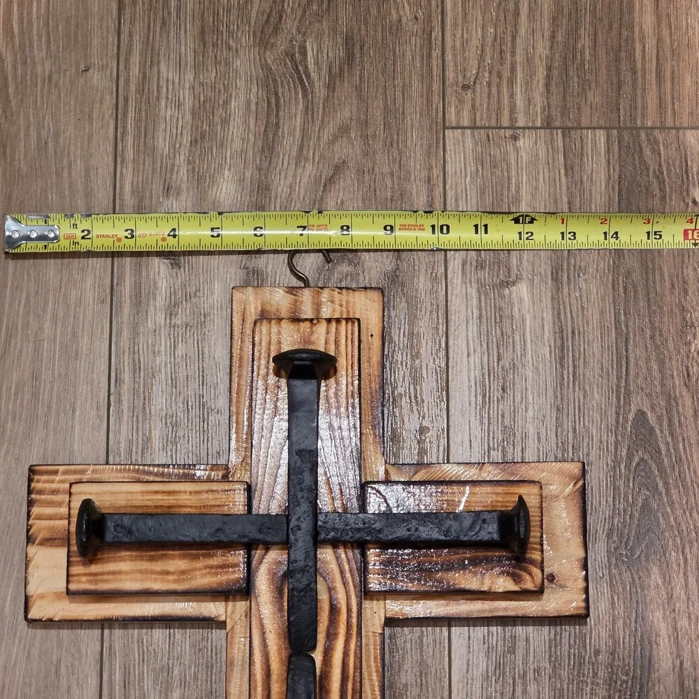 Handcrafted Distressed Wood Cross, Black Metal Nail Spikes, Rustic Spiritual Art